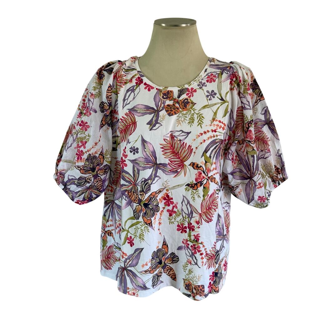 Chicos Floral Puff Sleeve Blouse Sz L Cottagecore Whimsy Stretch